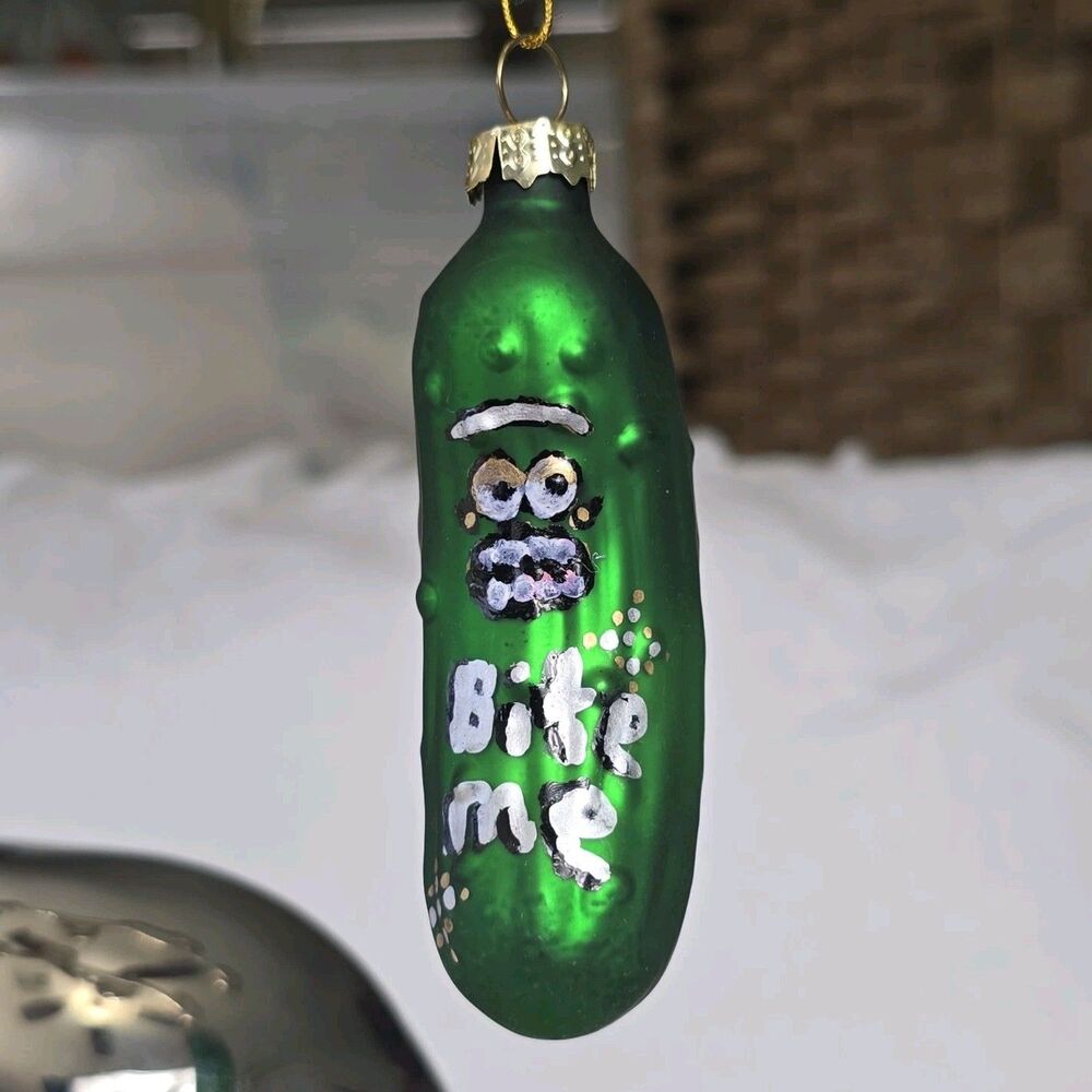 Bite Me Pickle Face Christmas Ornament Blown Glass